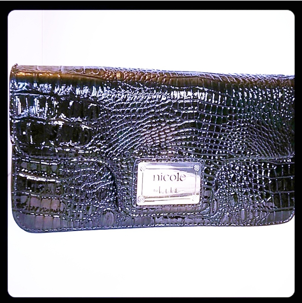 Nicole Miller Black Alligator Print Clutch Purse